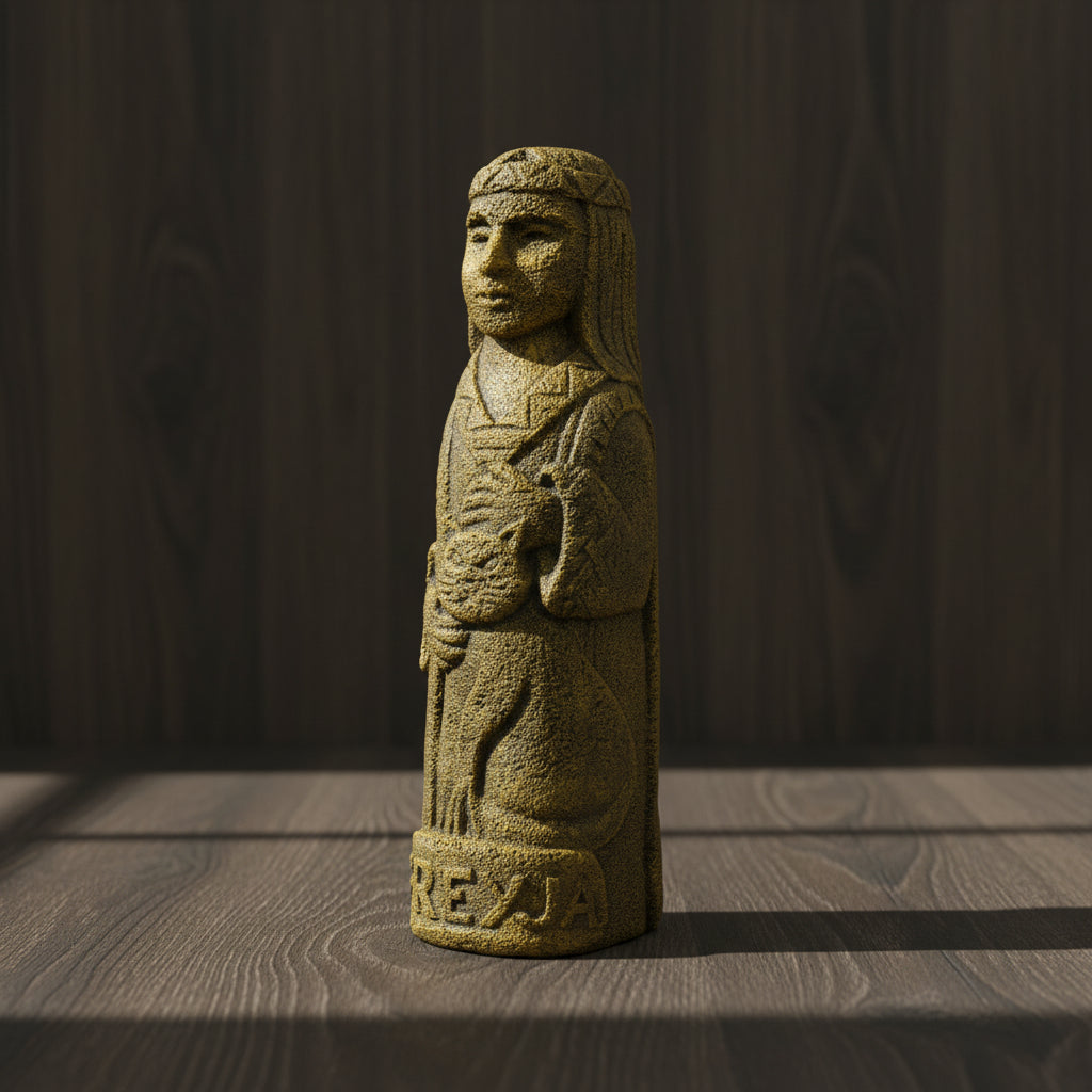Freyja volcanic stone statue, side view