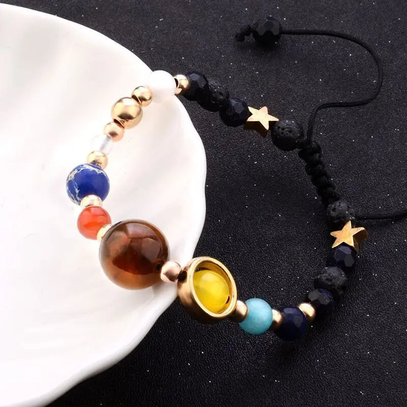Galaxy Solar System stone bead bracelet for celestial style, casual outfit pairing, and daily jewelry wear.