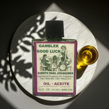Gambler Good Luck Wish Oil ritual anointing oil bottle for prosperity prayers, luck drawing, and ceremonial practice.