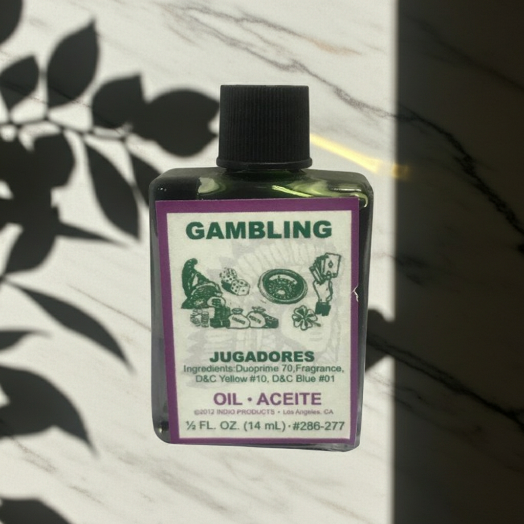 Gambling Wish Oil anointing oil bottle for candle dressing, luck work, and chance-based spiritual use.