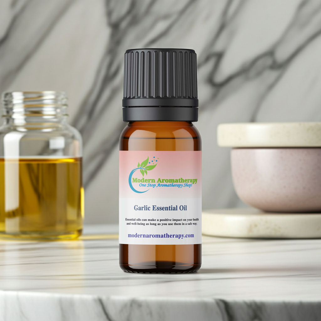 Garlic Essential Oil dropper bottle for hair care blends, scalp massage, and personal care use.