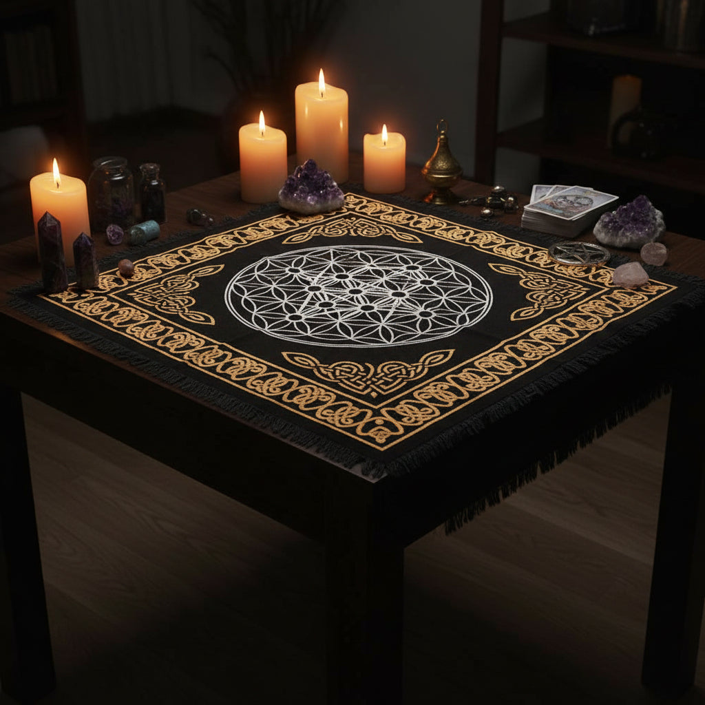 Geometric Tree of Life altar cloth, 18x18, gold and silver on black