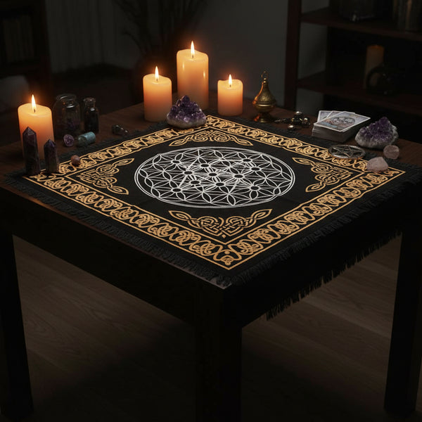 Geometric Tree of Life altar cloth, 18x18, gold and silver on black