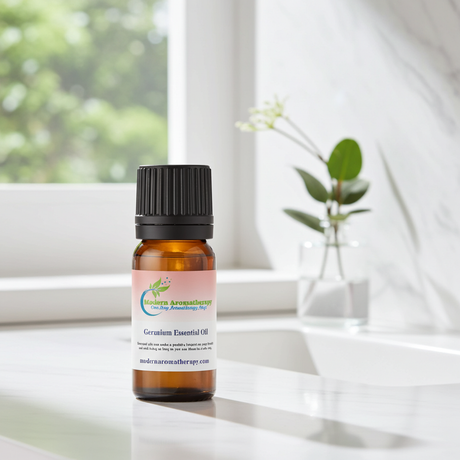 Geranium essential oil bottle for aromatherapy, diffuser blends, and creating a calming home atmosphere.
