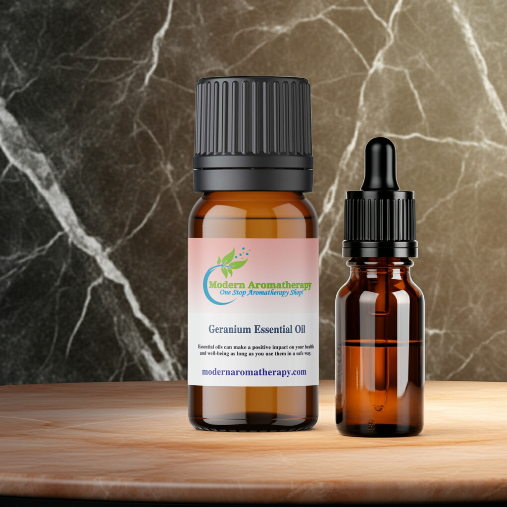 Geranium essential oil bottle for skincare blending, facial oil formulation, and natural beauty wellness routines.
