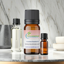 Geranium essential oil bottle for diffuser use, stress relief aromatherapy, and natural floral room freshening.