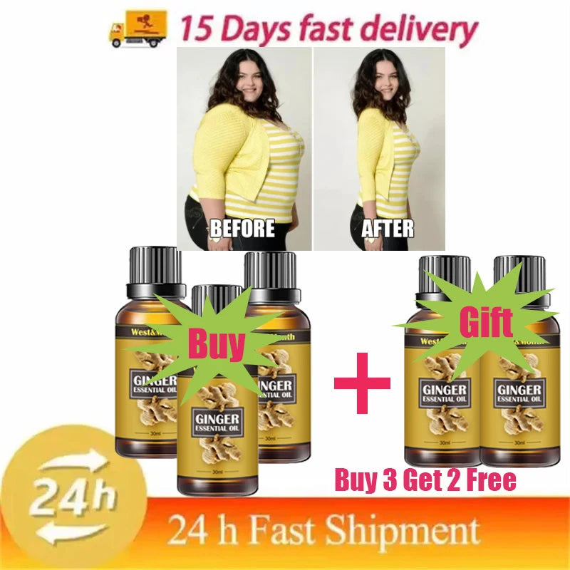 Advertisement for ginger essential oil with everyday wellness before and after images, promotional text, and product packaging.