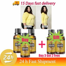 Advertisement for ginger essential oil with everyday wellness before and after images, promotional text, and product packaging.