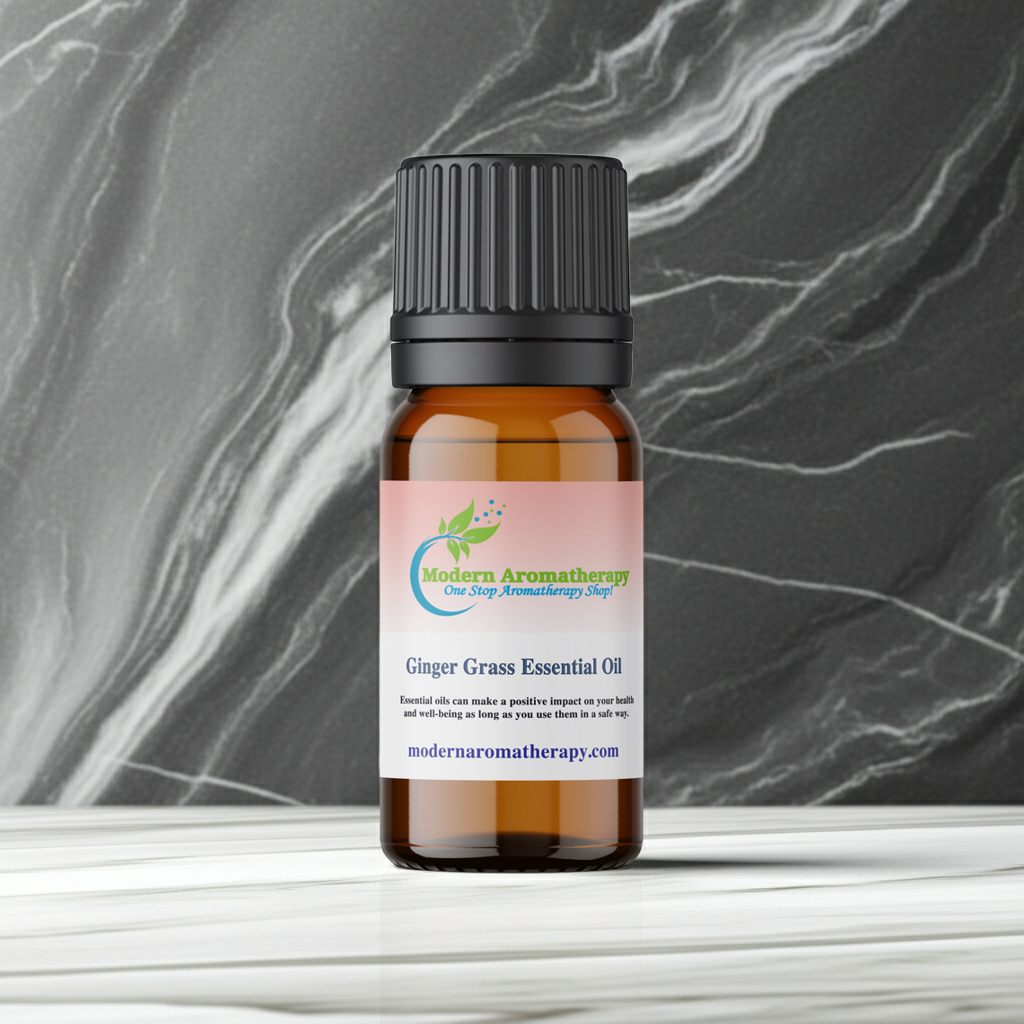 Ginger Grass Essential Oil bottle for diffuser use, air freshening, and calming aromatic practice.