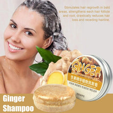 Ginger and Polygonum Shampoo Bar with woman applying lather showing hair and scalp benefits.