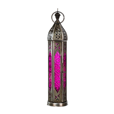 Glass and metal lantern in a tower shape with pink and clear glass panels