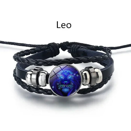Glowing zodiac PU leather wrist bracelet for night-out styling, astrology-themed fashion, and casual wear.