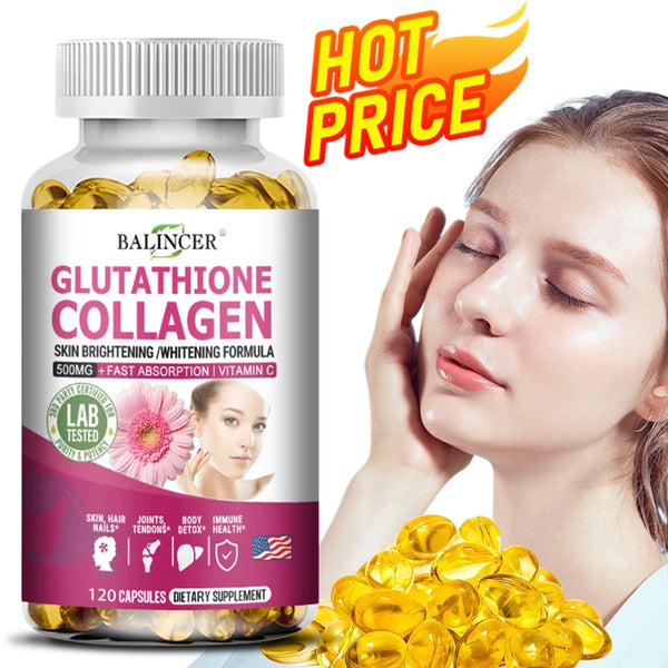 Glutathione Collagen Brightening Capsules 120 count bottle for daily skin brightening, collagen support, and beauty supplement use.