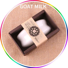 130g Handmade Goat Milk Essential Oil Soap in rainbow box packaging showing multiple scent options.