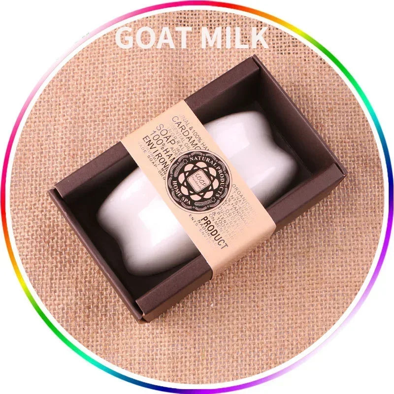 130g Handmade Goat Milk Essential Oil Soap in box with rainbow border showing available scents.