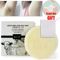 Goat Milk Silk Protein Handmade Brightening Soap with packaging and foam net on white background.