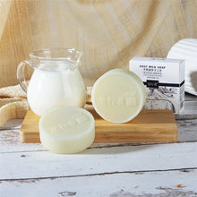 Goat Milk Silk Protein Handmade Brightening Soap three bars on wooden display for daily face care.