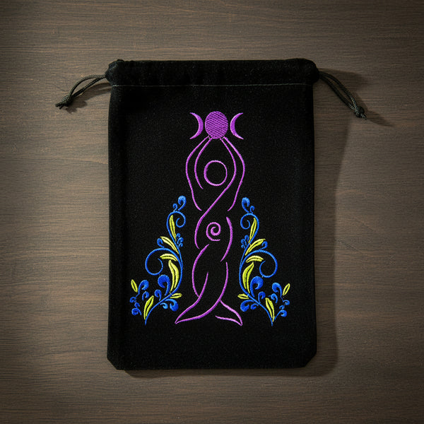 Goddess black velvet embroidered drawstring bag