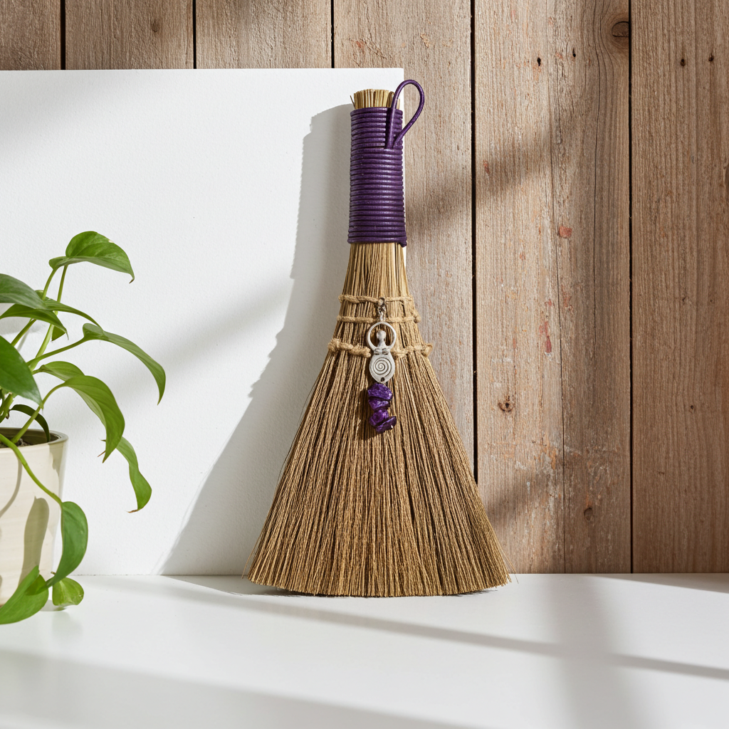 Goddess Mini Besom ritual broom with amethyst crystal for energy cleansing, altar decor, and ceremonial use.