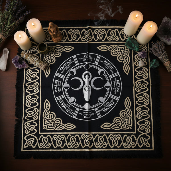Goddess Moon Phase and Wicca Calendar altar cloth 24 by 24 inches