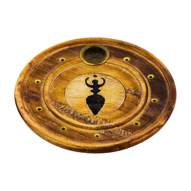 Goddess wood round cone incense burner with brass plate