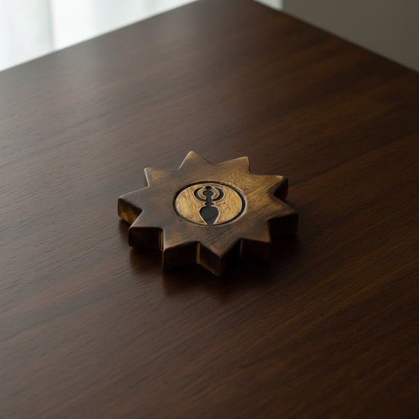 Goddess wooden incense burner with wood-burned Goddess symbol