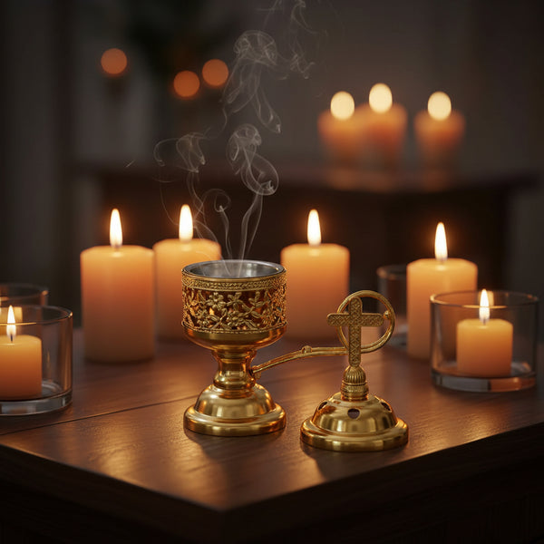Gold Charcoal Incense Burner with cross design for meditation, prayer, and ceremonial incense use.