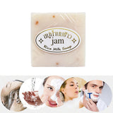 Gold JAM Thai Rice Milk Soap with JAM branding and skin application details for daily brightening.