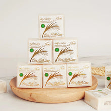 Gold JAM Thai Rice Milk Soap multiple boxes on wooden tray for brightening and daily cleansing.