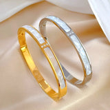 Gold Shell & CZ open cuff bracelet for elegant daily wear, stacking, and dressy occasion styling.