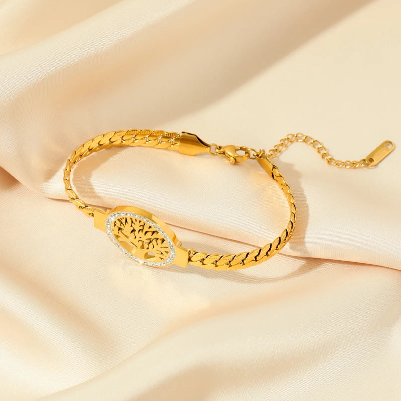 Gold Tree of Life bracelet for women as fashion jewelry for everyday style, office wear, and special occasion accessorizing.