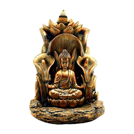 Golden Buddha backflow incense burner with cascading smoke design