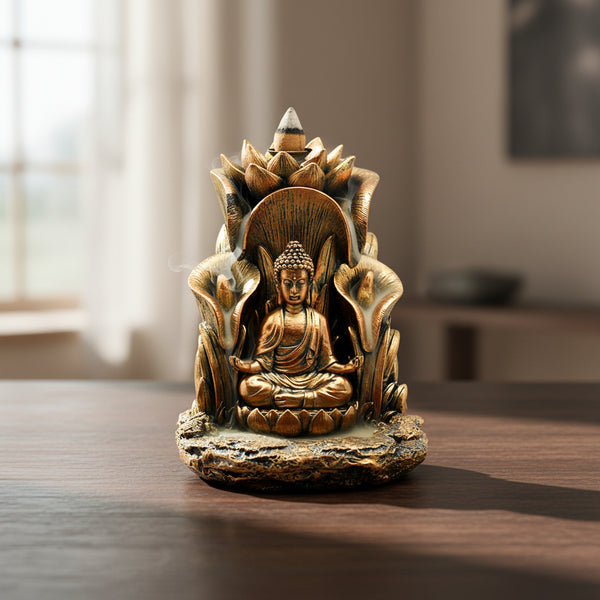 Golden Buddha backflow incense burner with cascading smoke design