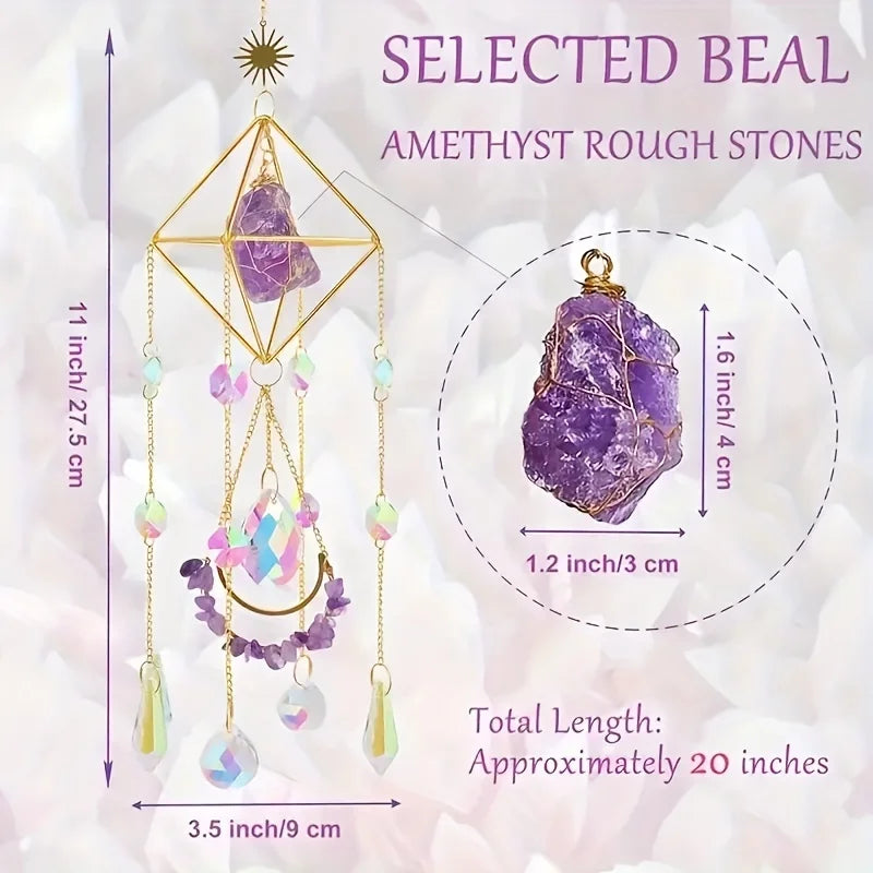 Golden hanging Amethyst Crystal window suncatcher for catching natural light, decorating glass areas, and adding a soothing crystal touch.