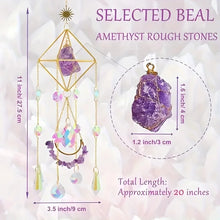 Golden hanging Amethyst Crystal window suncatcher for catching natural light, decorating glass areas, and adding a soothing crystal touch.