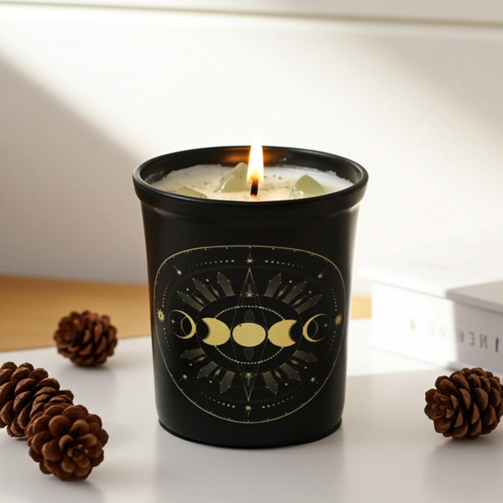 Golden Moons herbal crystal votive candle for relaxation, ambiance, and ritual use.
