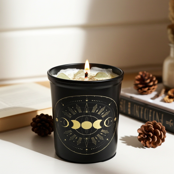 Golden Moons votive scented candle with herbs and crystal stones for home fragrance, meditation, and spiritual decor.
