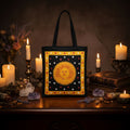 Golden Sun and Moon tote bag front design