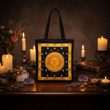 Golden Sun and Moon tote bag front design