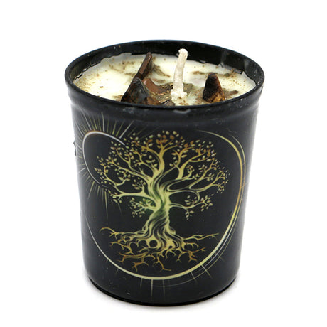 Golden Tree of Life Votive Scented Candle with Herbs and Crystal Stones for meditation, intention-setting, and spiritual décor.