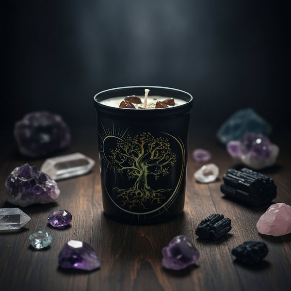 Golden Tree of Life Votive Scented Candle with Herbs and Crystal Stones for meditation, intention-setting, and spiritual décor.