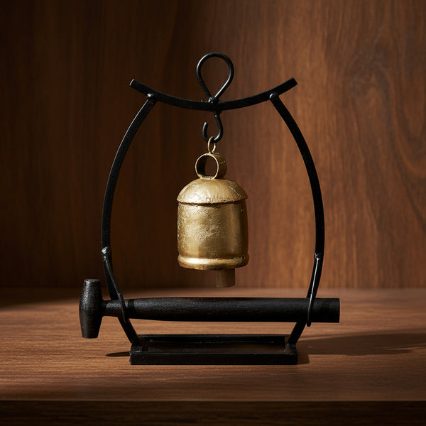 Metal Gong Temple Bell with wooden mallet, handmade in India