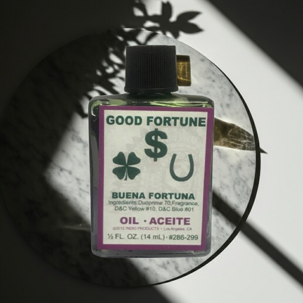 Good Fortune Wish Oil anointing oil bottle for blessing candles, charms, and good luck practice.