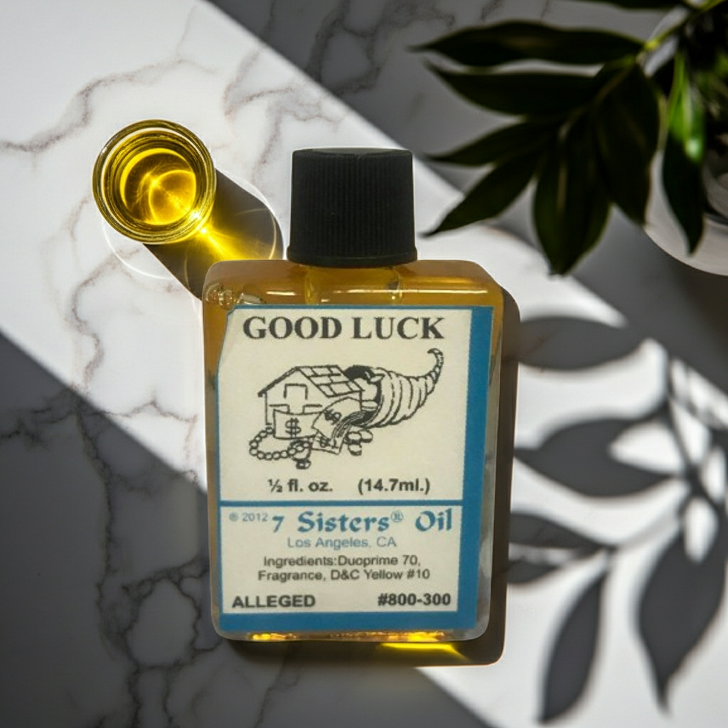 Good Luck Wish Oil anointing oil bottle for candle dressing, prayer, and good fortune rituals.