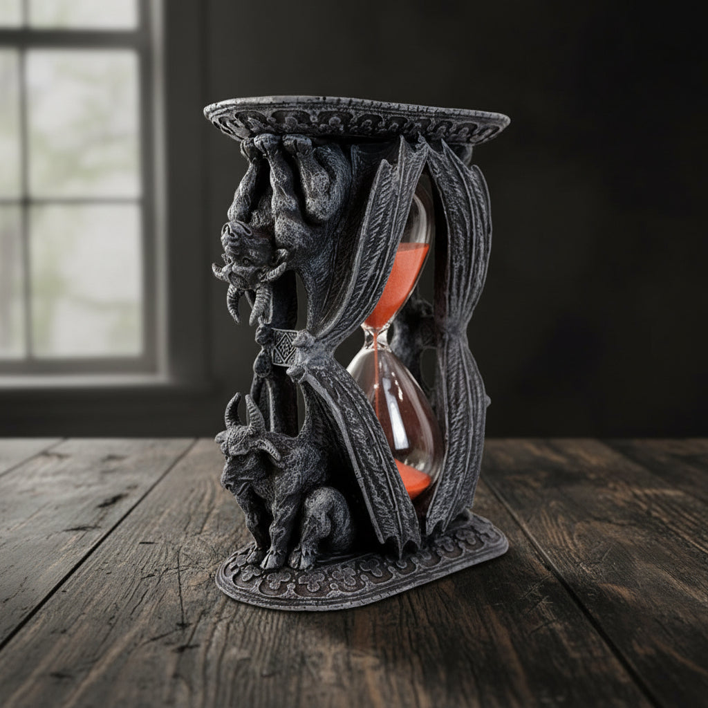 Gothic Ram Gargoyle hourglass ornament for altar decor, tabletop display, and medieval-inspired interior styling.