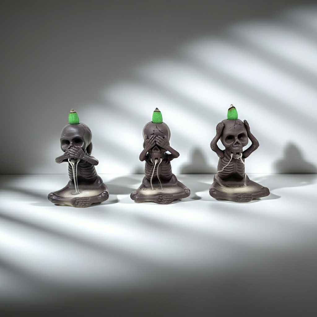 Gothic skeleton backflow cone incense holder for burning incense cones, creating a flowing smoke display, and altar or shelf décor use.