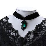 Gothic velvet choker green cameo necklace for alternative fashion, dress-up looks, and dramatic neckline styling.