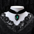 Gothic Venom green crystal cameo velvet choker necklace for gothic fashion styling, alternative wear, and statement accessorizing.