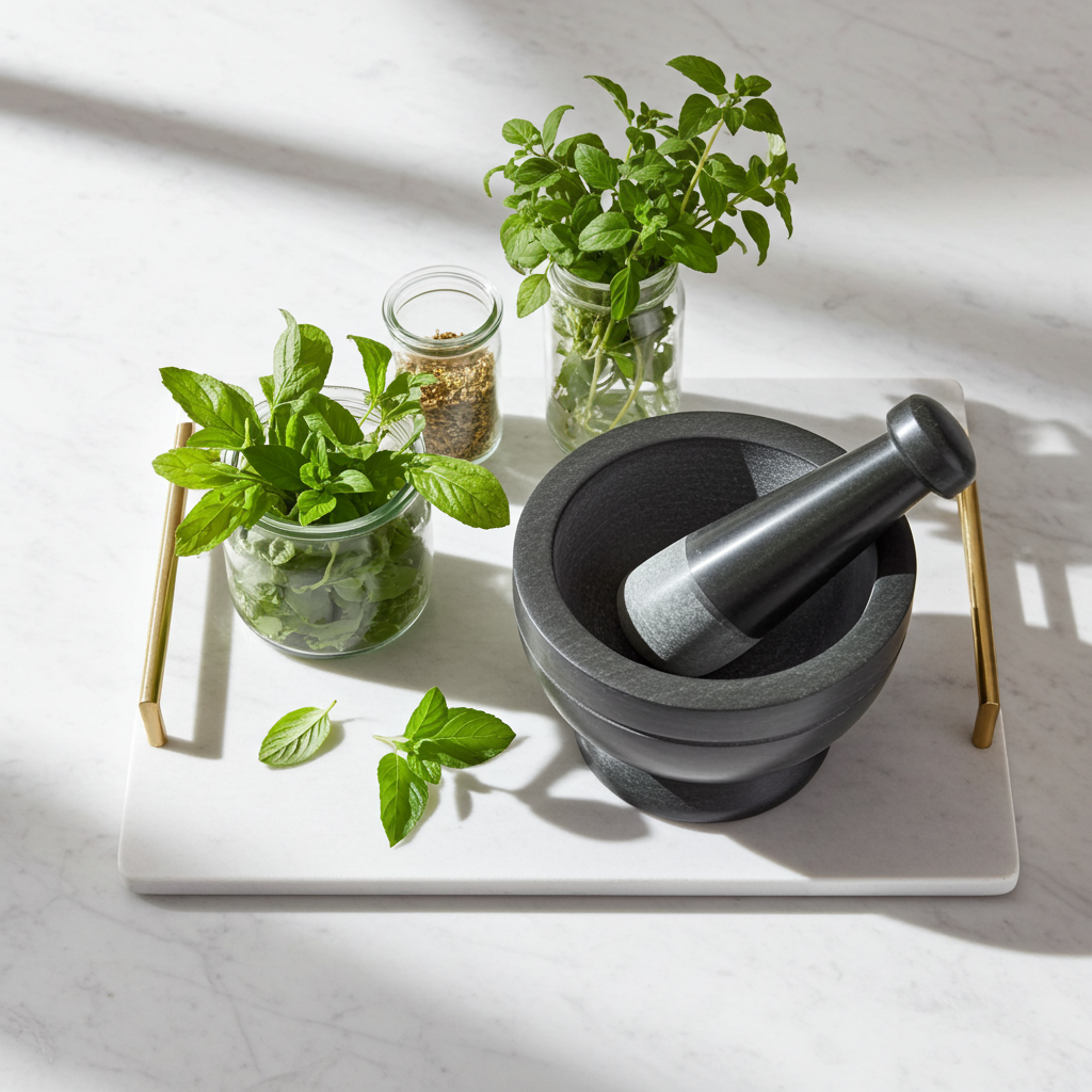Gray and black soapstone mortar and pestle bowl set for crushing garlic, peppercorns, and fresh herbs for cooking.