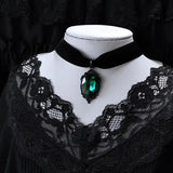 Green crystal cameo velvet gothic choker collar for dark romantic outfits, cosplay styling, and evening fashion wear.